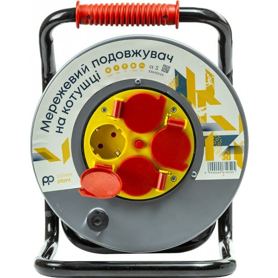 Подовжувач на котушці PowerPlant JY-20022/25 4 розетки, 16А, 3x2.5мм, 25 м, 100% мідь Grey (EX610525)