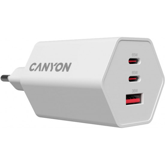 Мережевий зарядний пристрій Canyon Exagon 65 GaN 65W 2xPD 1xQC EU White (CND-CHAHEX65W)