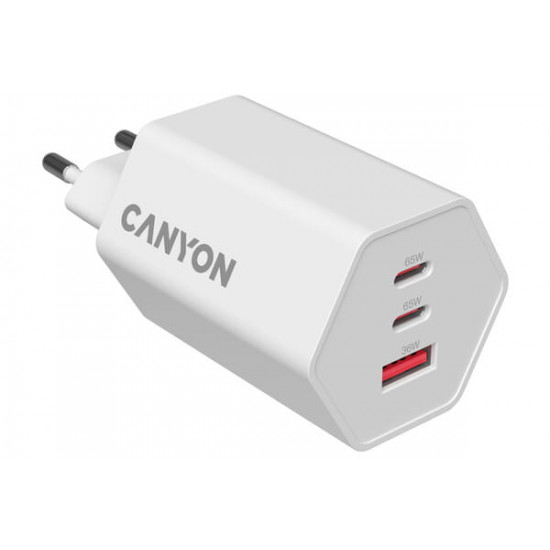 Мережевий зарядний пристрій Canyon Exagon 65 GaN 65W 2xPD 1xQC EU White (CND-CHAHEX65W)
