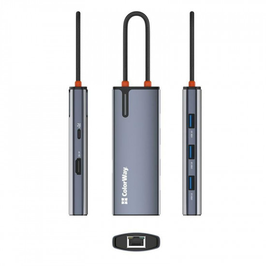 Док-станція СolorWay USB-C 6-в-1 Type C PD 100W/USB3.0х3/HDMI 4К/RJ45 (CW-HUB02)