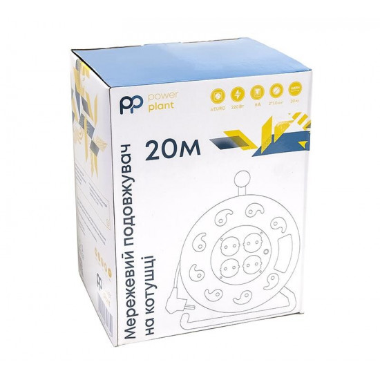 Фільтр живлення PowerPlant JY-2000/20 (PPRA08M200S4) 4 розетки, 20 м, чорний, на котушці