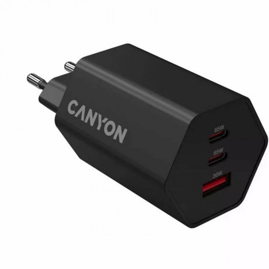 Мережевий зарядний пристрій Canyon Exagon 65 GaN 65W 2xPD 1xQC EU Black (CND-CHAHEX65B)