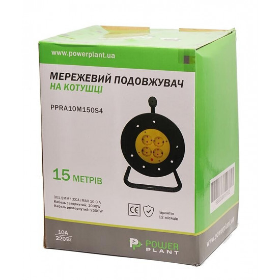 Подовжувач на котушці PowerPlant JY-2002/15 (PPRA10M150S4) 4 розетки, 15 м, чорно-жовтий