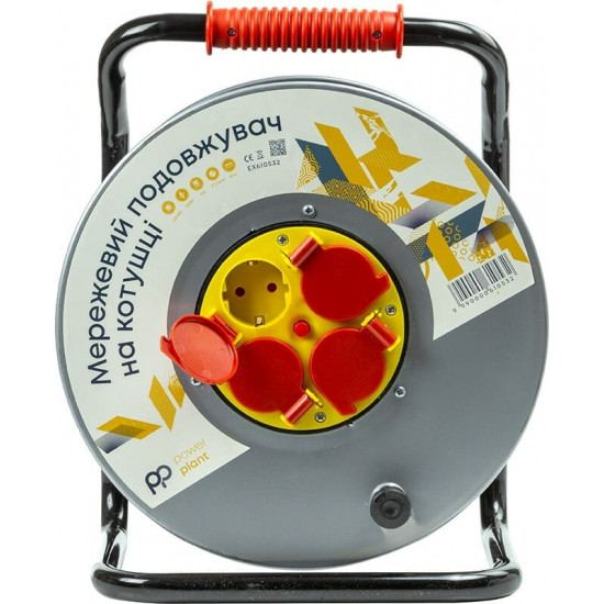 Подовжувач на котушці PowerPlant JY-20022/40 4 розетки,16А, 3x2.5мм, 40 м, 100% мідь Grey (EX610532)