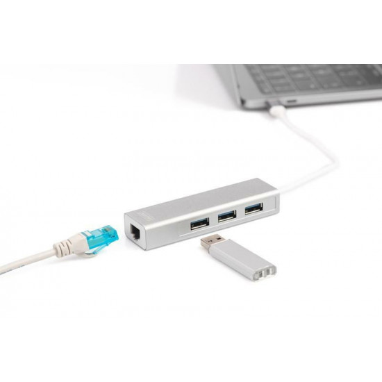 Концентратор USB-C Digitus, 3хUSB 3.0 + Gigabit Ethernet (DA-70255)