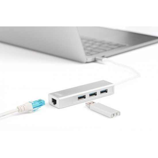 Концентратор USB-C Digitus, 3хUSB 3.0 + Gigabit Ethernet (DA-70255)