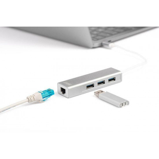 Концентратор USB-C Digitus, 3хUSB 3.0 + Gigabit Ethernet (DA-70255)