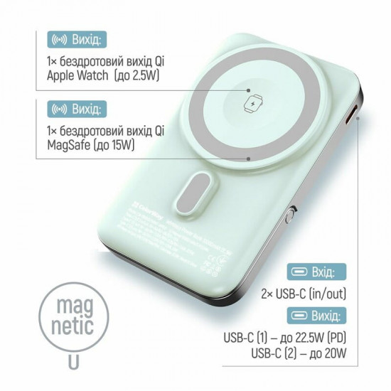 Універсальна мобільна батарея ColorWay 15W MagSafe & Watch Wireless 10000mAh Aquamarine (CW-PB100LPA2MT-WPDD)