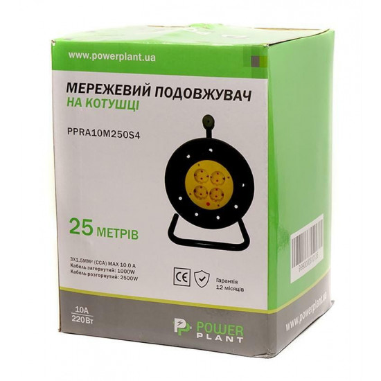 Подовжувач на котушці PowerPlant JY-2002/25 (PPRA10M250S4) 4 розетки, 25 м, чорно-жовтий