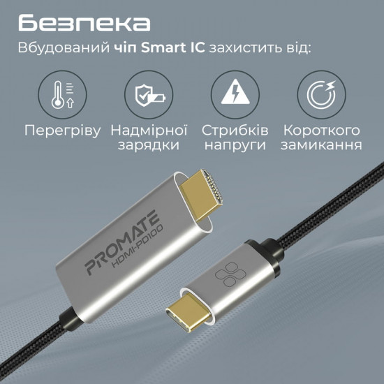 Кабель Promate HDMI-PD100 USB Type-C - HDMI V 2.0 (M/M), 1.8 м, Grey
