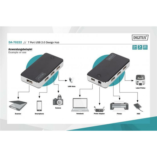 Концентратор USB 2.0 Digitus, 7xUSB 2.0 (DA-70222)